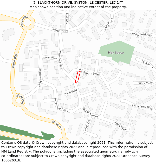 5, BLACKTHORN DRIVE, SYSTON, LEICESTER, LE7 1YT: Location map and indicative extent of plot