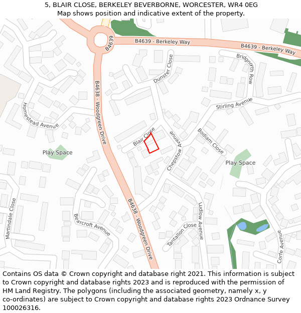 5, BLAIR CLOSE, BERKELEY BEVERBORNE, WORCESTER, WR4 0EG: Location map and indicative extent of plot