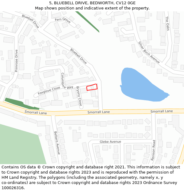 5, BLUEBELL DRIVE, BEDWORTH, CV12 0GE: Location map and indicative extent of plot