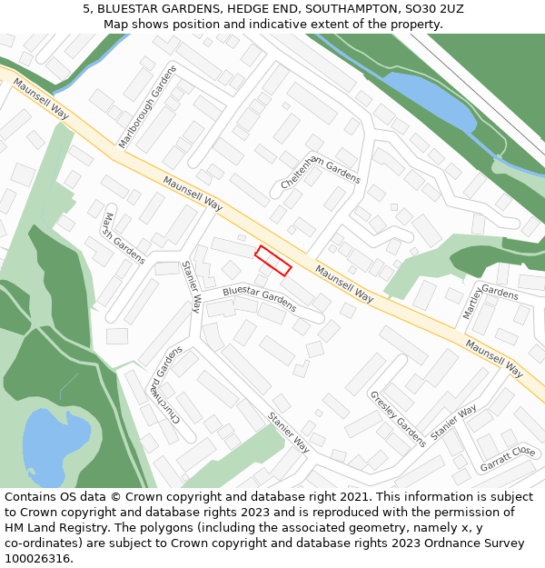 5, BLUESTAR GARDENS, HEDGE END, SOUTHAMPTON, SO30 2UZ: Location map and indicative extent of plot