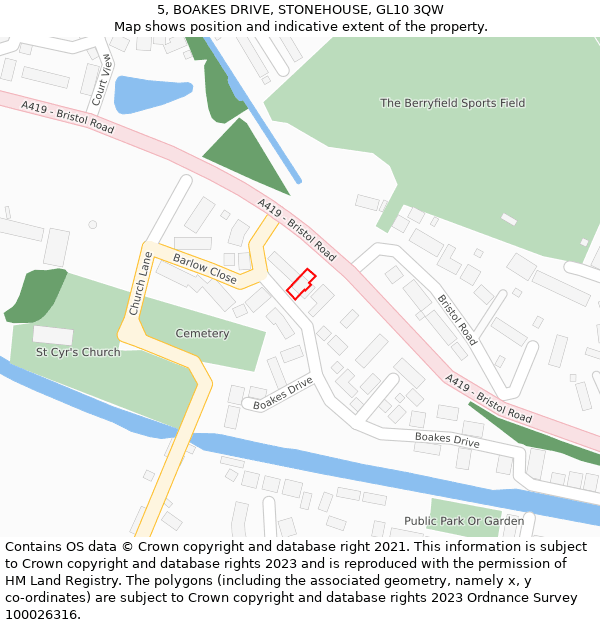 5, BOAKES DRIVE, STONEHOUSE, GL10 3QW: Location map and indicative extent of plot