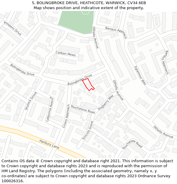 5, BOLINGBROKE DRIVE, HEATHCOTE, WARWICK, CV34 6EB: Location map and indicative extent of plot