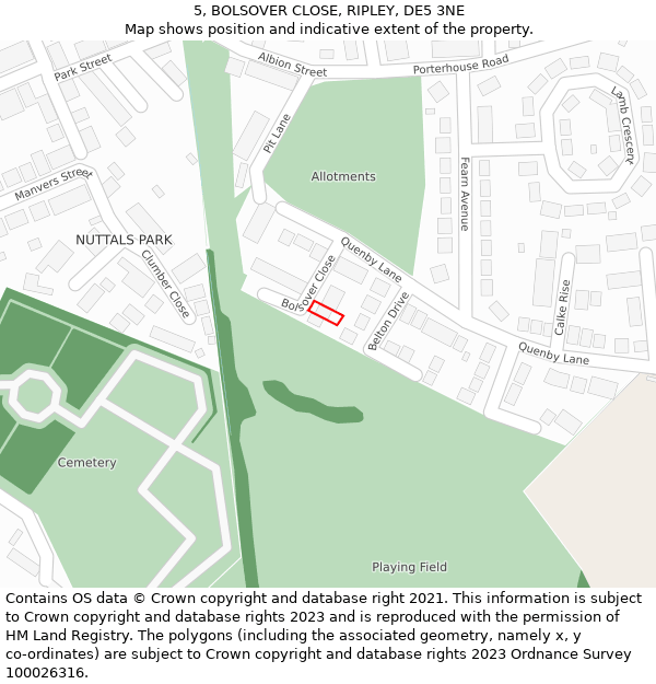 5, BOLSOVER CLOSE, RIPLEY, DE5 3NE: Location map and indicative extent of plot
