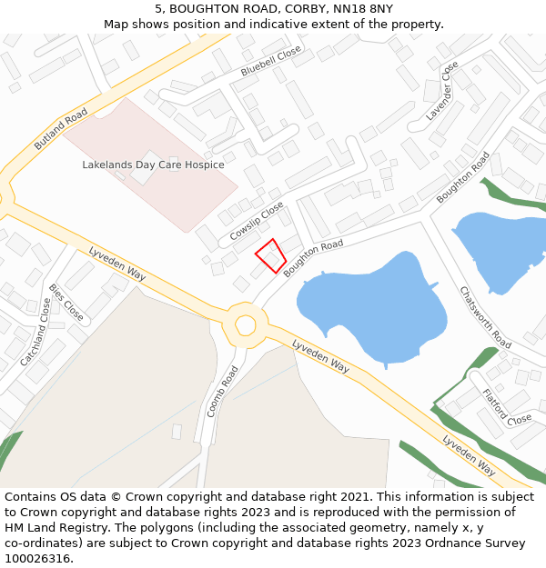 5, BOUGHTON ROAD, CORBY, NN18 8NY: Location map and indicative extent of plot