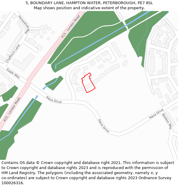 5, BOUNDARY LANE, HAMPTON WATER, PETERBOROUGH, PE7 8SL: Location map and indicative extent of plot