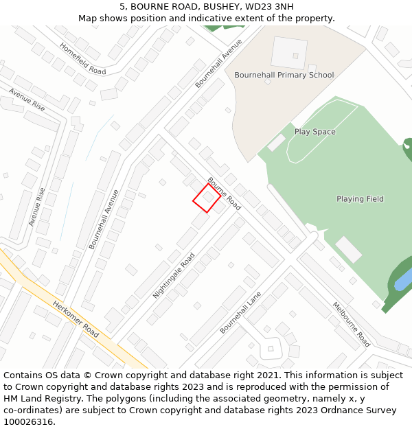 5, BOURNE ROAD, BUSHEY, WD23 3NH: Location map and indicative extent of plot