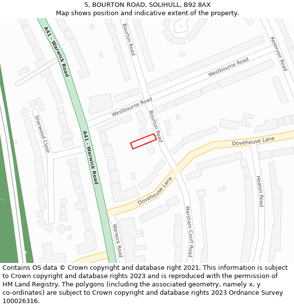 5, BOURTON ROAD, SOLIHULL, B92 8AX: Location map and indicative extent of plot