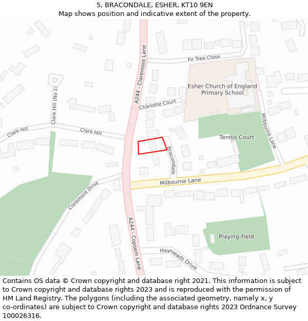 5, BRACONDALE, ESHER, KT10 9EN: Location map and indicative extent of plot