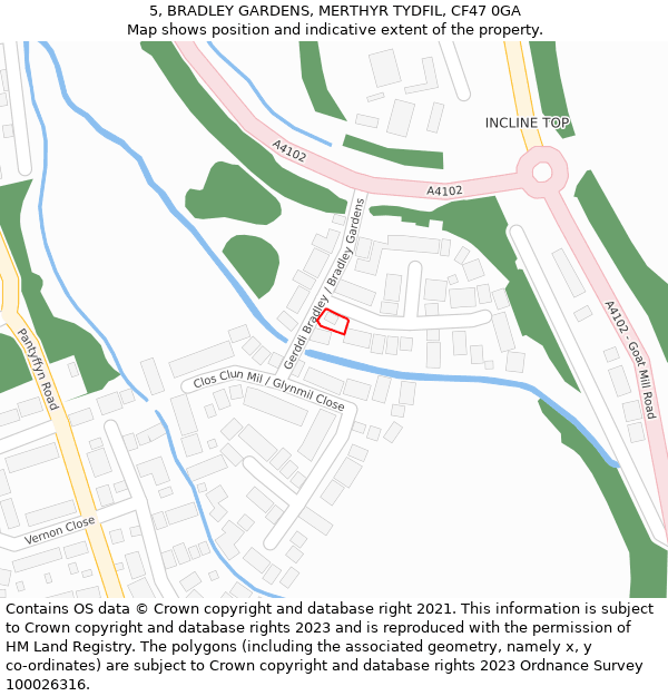 5, BRADLEY GARDENS, MERTHYR TYDFIL, CF47 0GA: Location map and indicative extent of plot