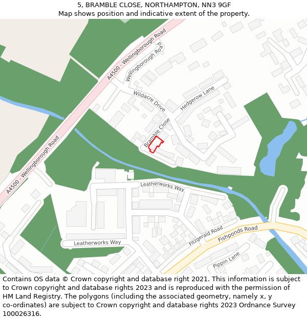 5, BRAMBLE CLOSE, NORTHAMPTON, NN3 9GF: Location map and indicative extent of plot