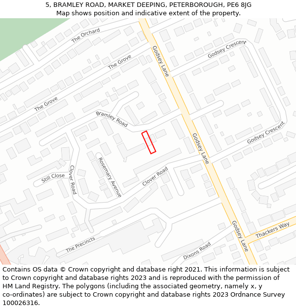 5, BRAMLEY ROAD, MARKET DEEPING, PETERBOROUGH, PE6 8JG: Location map and indicative extent of plot