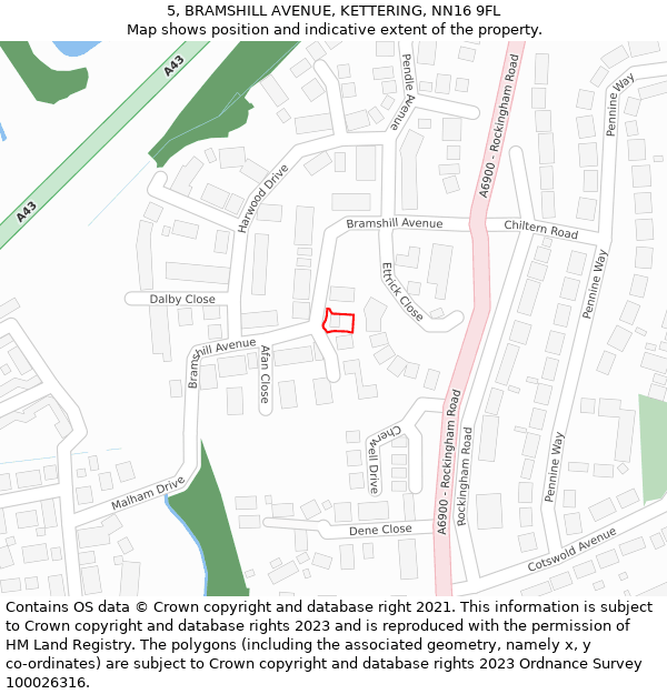 5, BRAMSHILL AVENUE, KETTERING, NN16 9FL: Location map and indicative extent of plot