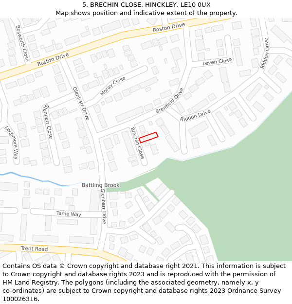 5, BRECHIN CLOSE, HINCKLEY, LE10 0UX: Location map and indicative extent of plot