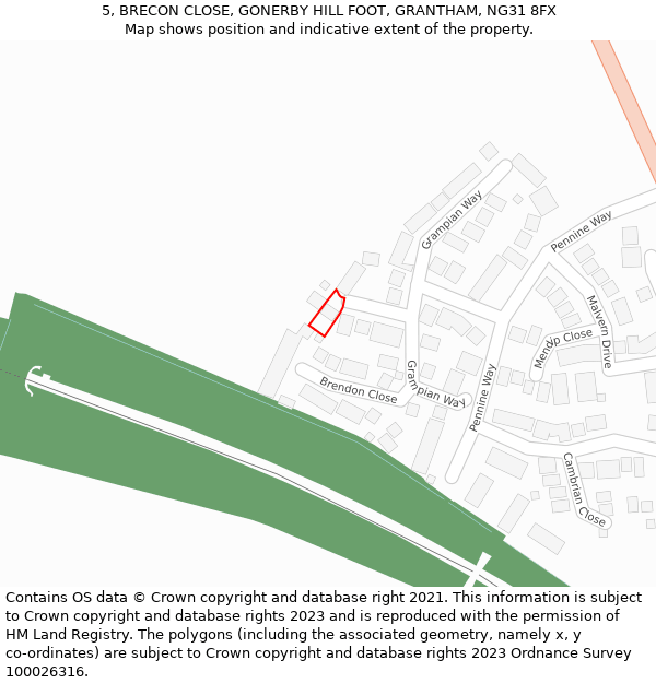 5, BRECON CLOSE, GONERBY HILL FOOT, GRANTHAM, NG31 8FX: Location map and indicative extent of plot