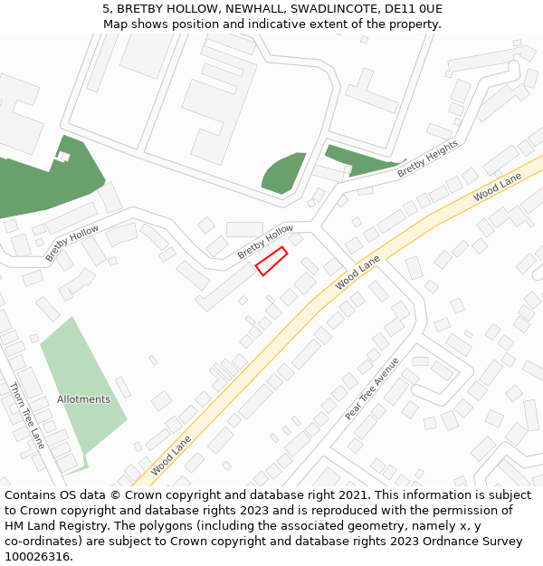 5, BRETBY HOLLOW, NEWHALL, SWADLINCOTE, DE11 0UE: Location map and indicative extent of plot