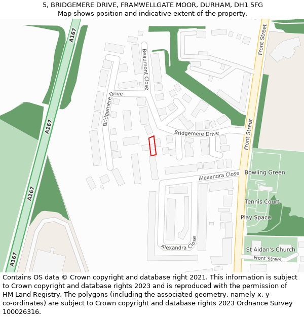 5, BRIDGEMERE DRIVE, FRAMWELLGATE MOOR, DURHAM, DH1 5FG: Location map and indicative extent of plot