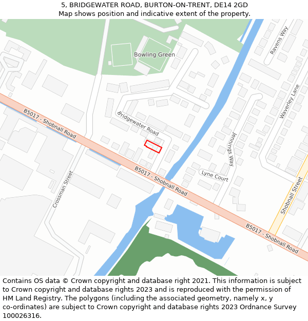 5, BRIDGEWATER ROAD, BURTON-ON-TRENT, DE14 2GD: Location map and indicative extent of plot