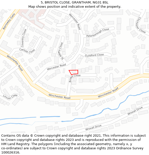 5, BRISTOL CLOSE, GRANTHAM, NG31 8SL: Location map and indicative extent of plot