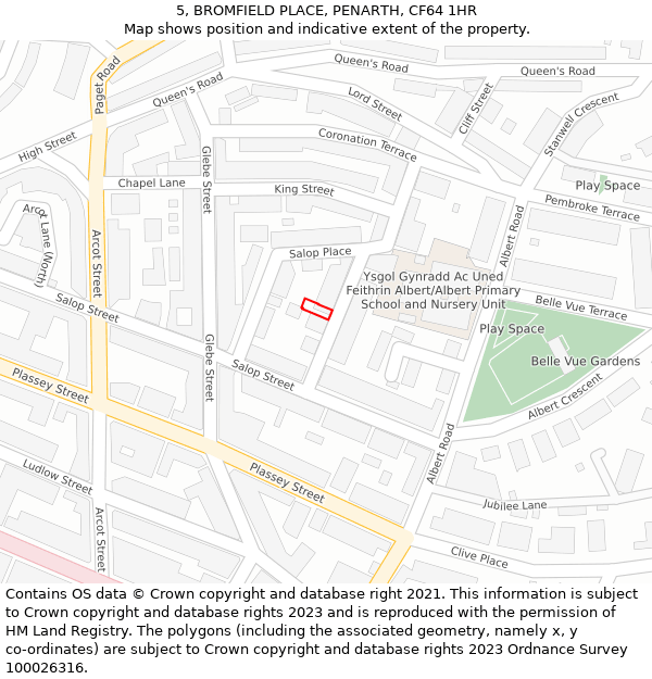 5, BROMFIELD PLACE, PENARTH, CF64 1HR: Location map and indicative extent of plot