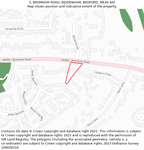 5, BROMHAM ROAD, BIDDENHAM, BEDFORD, MK40 4AF: Location map and indicative extent of plot