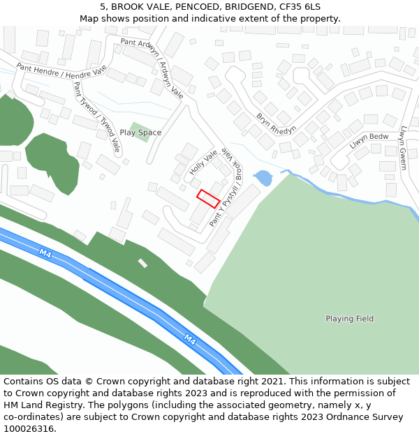 5, BROOK VALE, PENCOED, BRIDGEND, CF35 6LS: Location map and indicative extent of plot