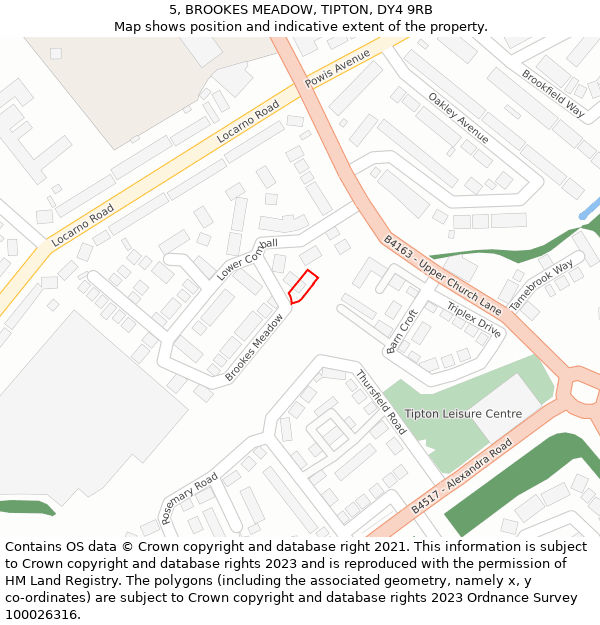 5, BROOKES MEADOW, TIPTON, DY4 9RB: Location map and indicative extent of plot