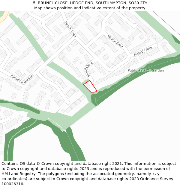 5, BRUNEL CLOSE, HEDGE END, SOUTHAMPTON, SO30 2TA: Location map and indicative extent of plot