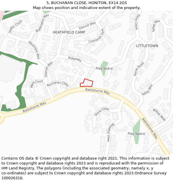 5, BUCHANAN CLOSE, HONITON, EX14 2GS: Location map and indicative extent of plot