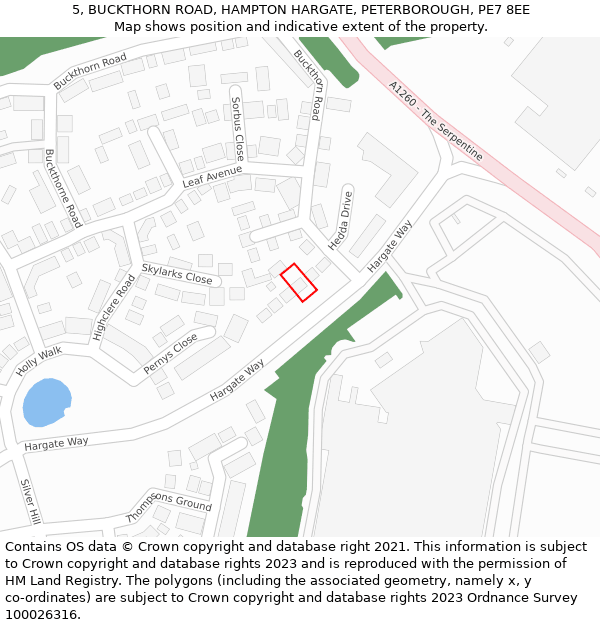 5, BUCKTHORN ROAD, HAMPTON HARGATE, PETERBOROUGH, PE7 8EE: Location map and indicative extent of plot