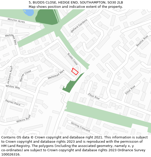 5, BUDDS CLOSE, HEDGE END, SOUTHAMPTON, SO30 2LB: Location map and indicative extent of plot