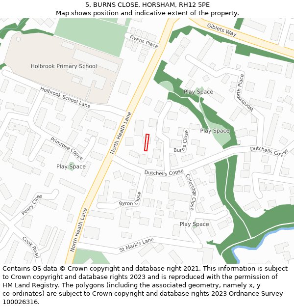 5, BURNS CLOSE, HORSHAM, RH12 5PE: Location map and indicative extent of plot