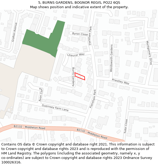 5, BURNS GARDENS, BOGNOR REGIS, PO22 6QS: Location map and indicative extent of plot