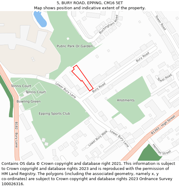 5, BURY ROAD, EPPING, CM16 5ET: Location map and indicative extent of plot