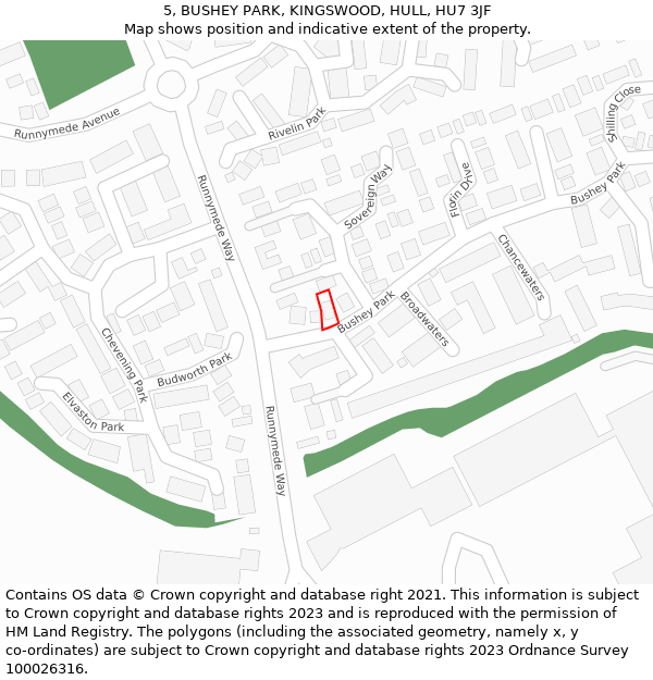 5, BUSHEY PARK, KINGSWOOD, HULL, HU7 3JF: Location map and indicative extent of plot