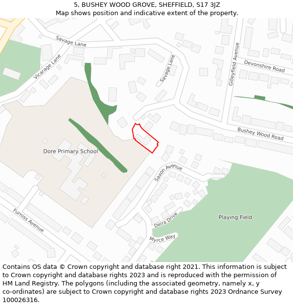5, BUSHEY WOOD GROVE, SHEFFIELD, S17 3JZ: Location map and indicative extent of plot