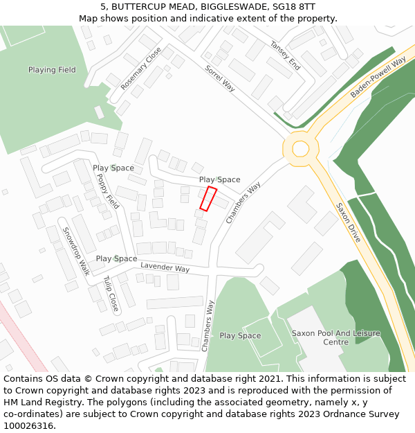 5, BUTTERCUP MEAD, BIGGLESWADE, SG18 8TT: Location map and indicative extent of plot