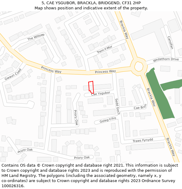 5, CAE YSGUBOR, BRACKLA, BRIDGEND, CF31 2HP: Location map and indicative extent of plot