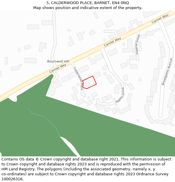 5, CALDERWOOD PLACE, BARNET, EN4 0NQ: Location map and indicative extent of plot