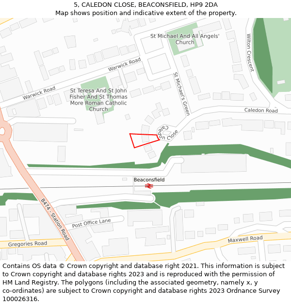 5, CALEDON CLOSE, BEACONSFIELD, HP9 2DA: Location map and indicative extent of plot