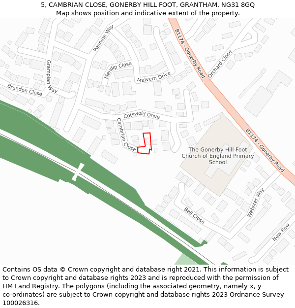 5, CAMBRIAN CLOSE, GONERBY HILL FOOT, GRANTHAM, NG31 8GQ: Location map and indicative extent of plot