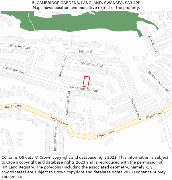 5, CAMBRIDGE GARDENS, LANGLAND, SWANSEA, SA3 4PP: Location map and indicative extent of plot