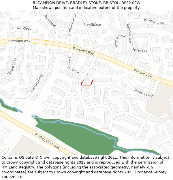 5, CAMPION DRIVE, BRADLEY STOKE, BRISTOL, BS32 0EW: Location map and indicative extent of plot