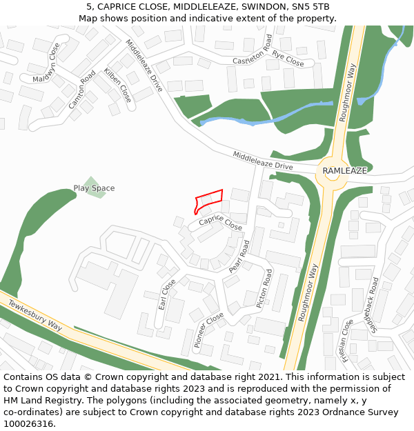 5, CAPRICE CLOSE, MIDDLELEAZE, SWINDON, SN5 5TB: Location map and indicative extent of plot