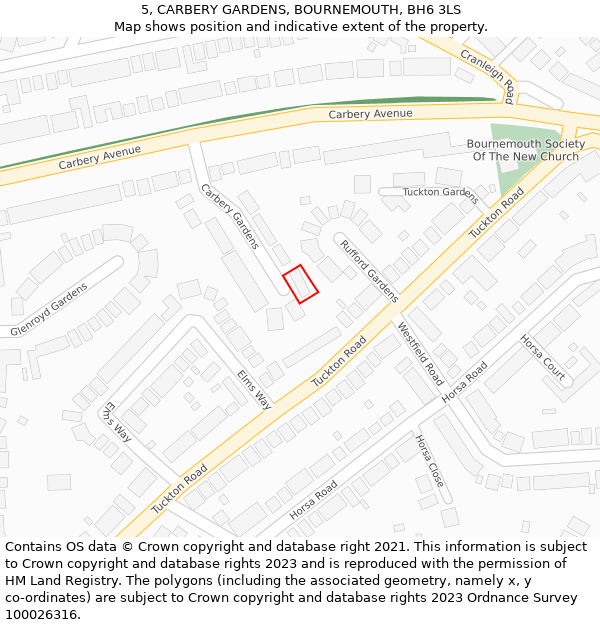 5, CARBERY GARDENS, BOURNEMOUTH, BH6 3LS: Location map and indicative extent of plot