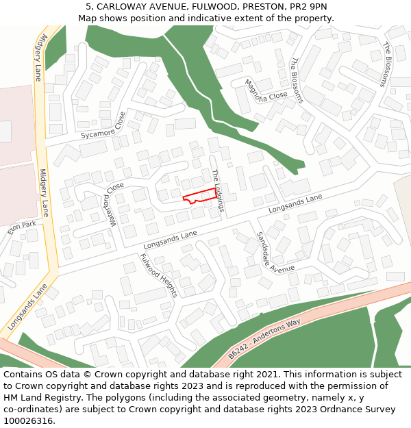 5, CARLOWAY AVENUE, FULWOOD, PRESTON, PR2 9PN: Location map and indicative extent of plot