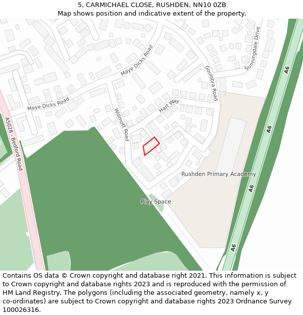 5, CARMICHAEL CLOSE, RUSHDEN, NN10 0ZB: Location map and indicative extent of plot