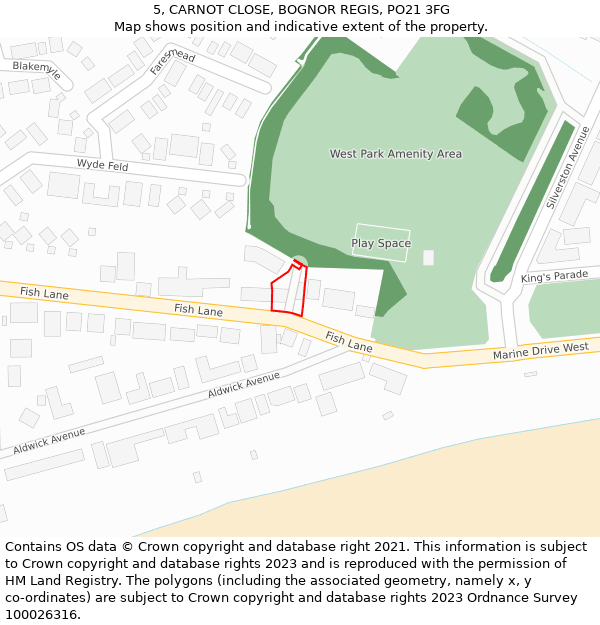 5, CARNOT CLOSE, BOGNOR REGIS, PO21 3FG: Location map and indicative extent of plot