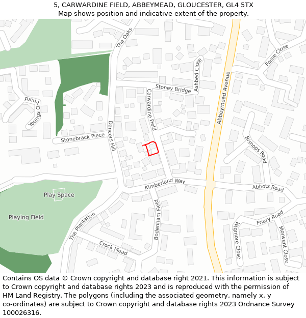 5, CARWARDINE FIELD, ABBEYMEAD, GLOUCESTER, GL4 5TX: Location map and indicative extent of plot
