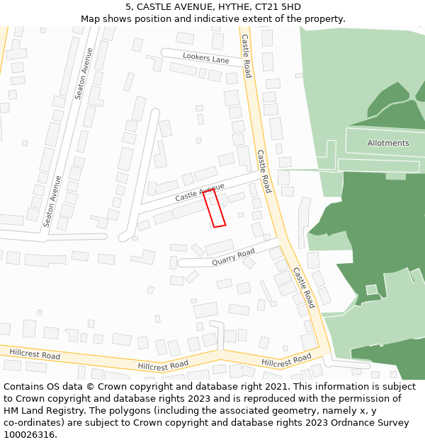 5, CASTLE AVENUE, HYTHE, CT21 5HD: Location map and indicative extent of plot