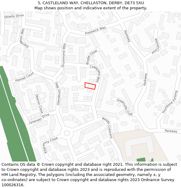 5, CASTLELAND WAY, CHELLASTON, DERBY, DE73 5XU: Location map and indicative extent of plot